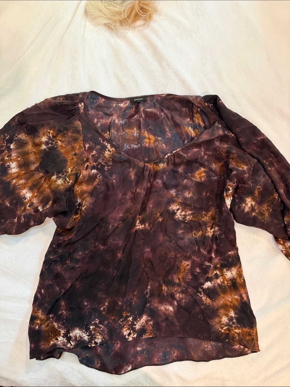 DREW Brown and Tan Tie-Dye Scoop Neck Blouse